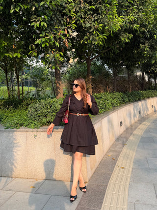 Black V neck Frill Dress