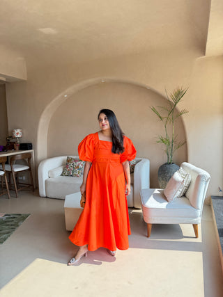 Orange Sunshine Puff Sleeves Dress