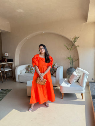 Orange Sunshine Puff Sleeves Dress