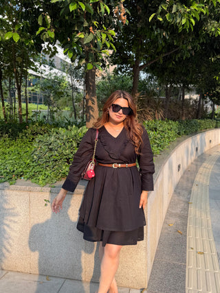 Black V neck Frill Dress