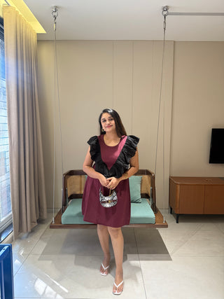 Black frill wine A - line dress