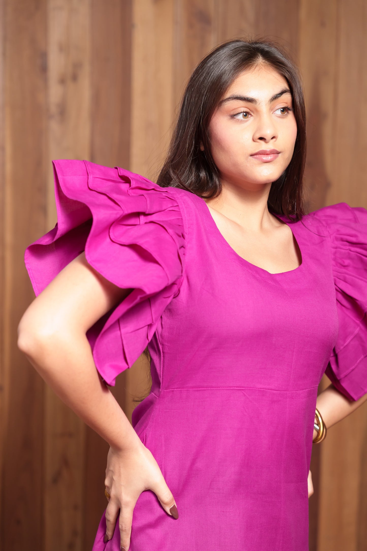 Magenta frill Sleeves Dress