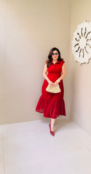 Maroon A line with frill Dress