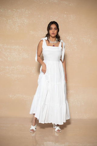 Front Tie White Layered Dress