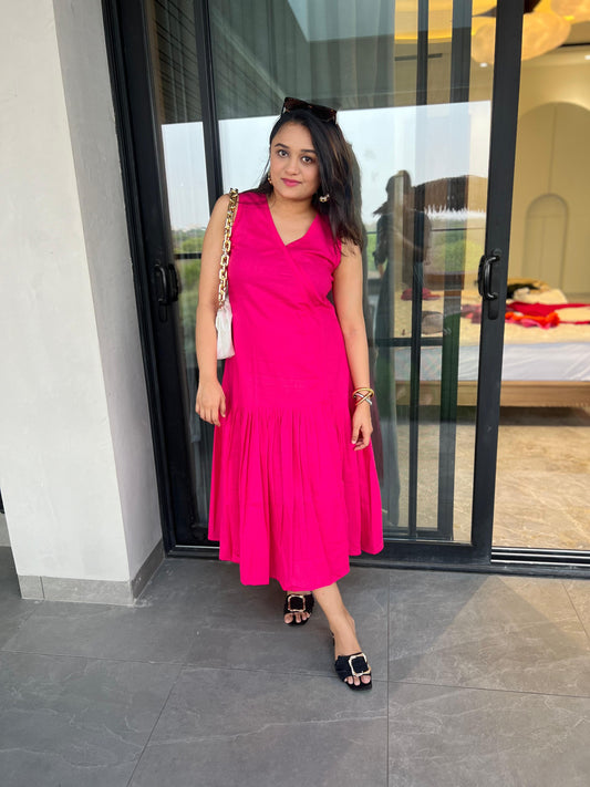 Fuschia  Pink long pleated dress