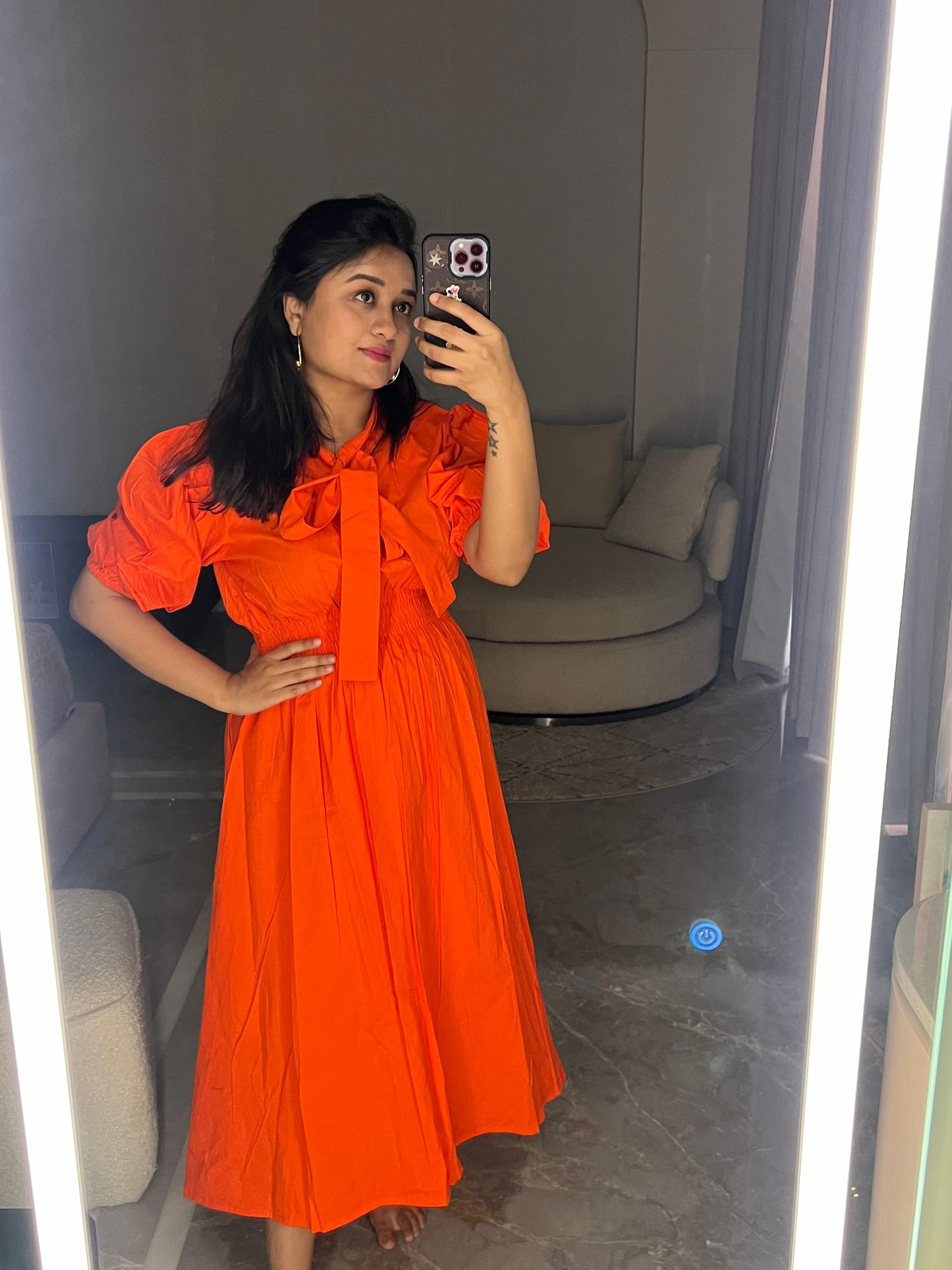 Bright Orange Front tie Midi Dress