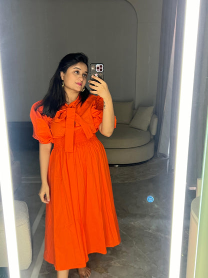 Bright Orange Front tie Midi Dress