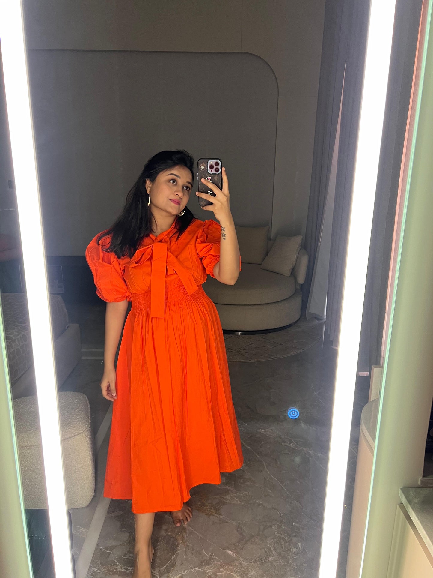 Bright Orange Front tie Midi Dress