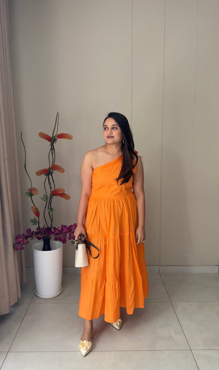 One Shoulder Orange Layered Dress