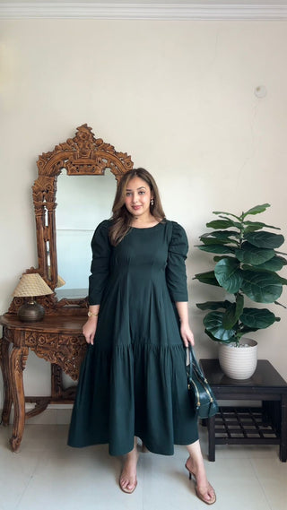 Peacock Green Front Tucks Layered Dress