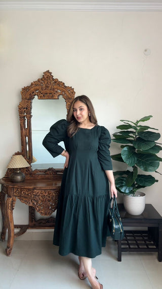 Peacock Green Front Tucks Layered Dress