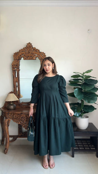 Peacock Green Front Tucks Layered Dress