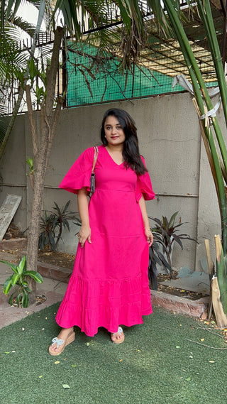 V neck Pink A line Dress