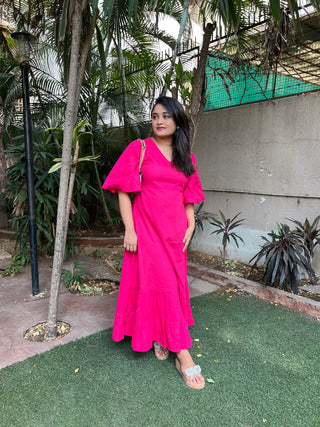 V neck Pink A line Dress
