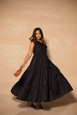 Black One Shoulder Layered Dress