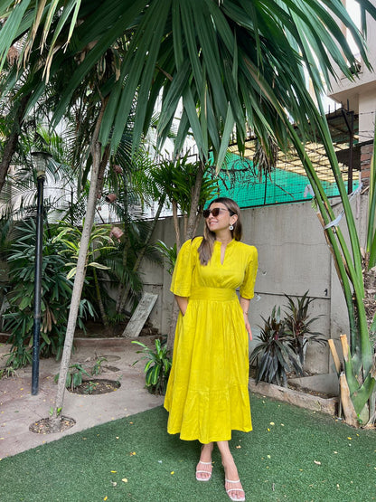 Yellow Pleated Dress with Pocket