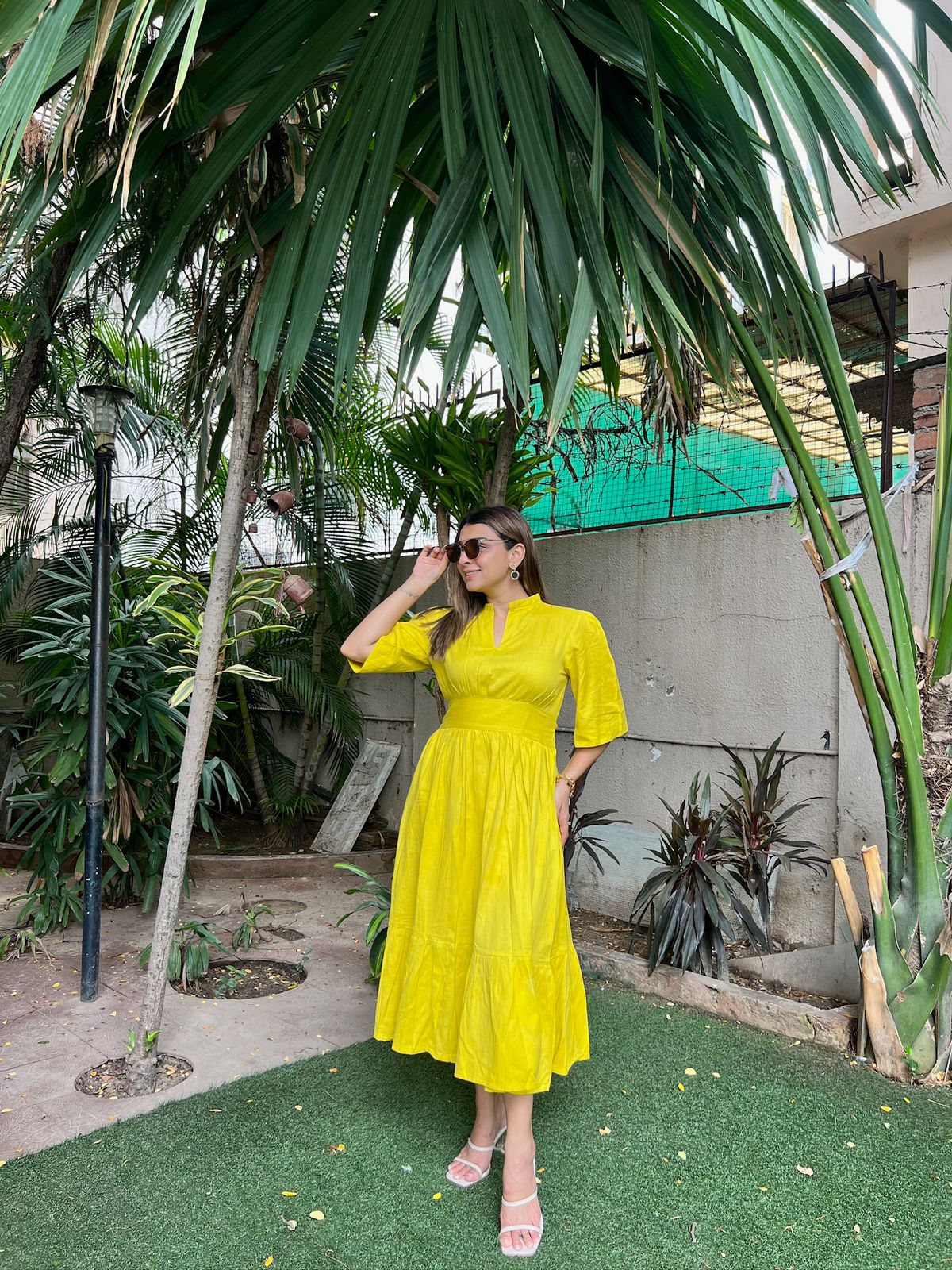 Yellow Pleated Dress with Pocket