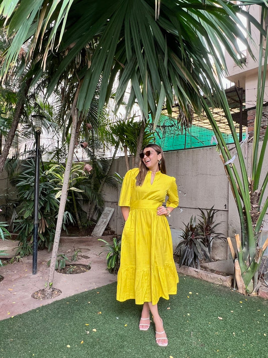 Yellow Pleated Dress with Pocket