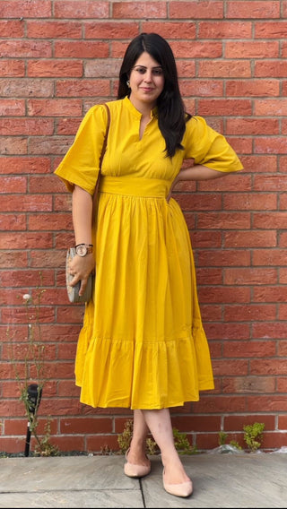 Yellow Pleated Dress with Pocket