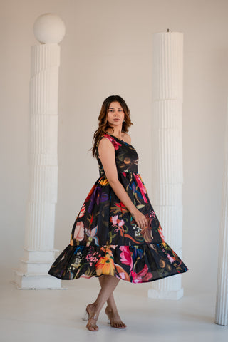 Black One Shoulder Printed Dress