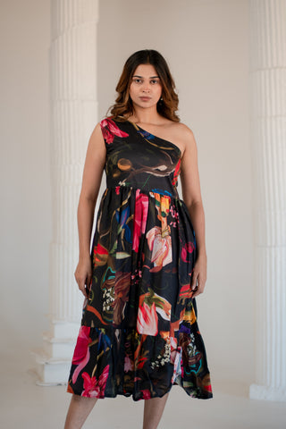 Black One Shoulder Printed Dress