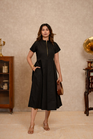 Black High Neck Front zip Dress