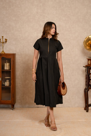 Black High Neck Front zip Dress