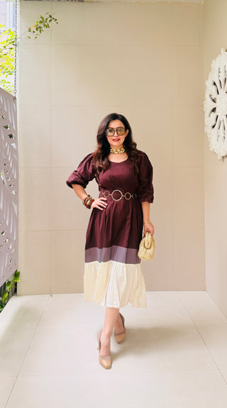 Three Color Brown Block Dress