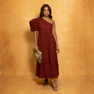 One Shoulder Maroon layered Dress