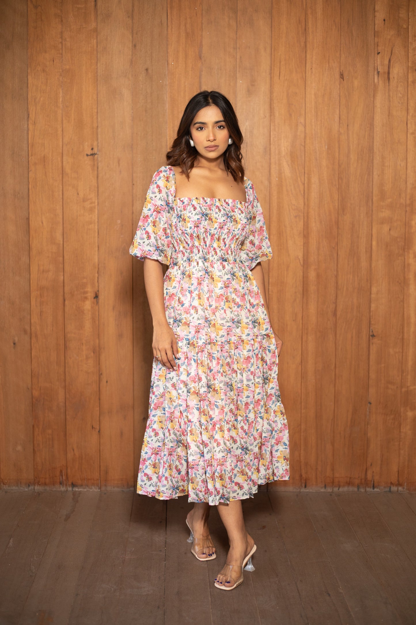 Floral Front Smoking Midi Dress