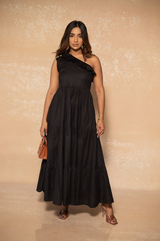 Black One Shoulder Layered Dress