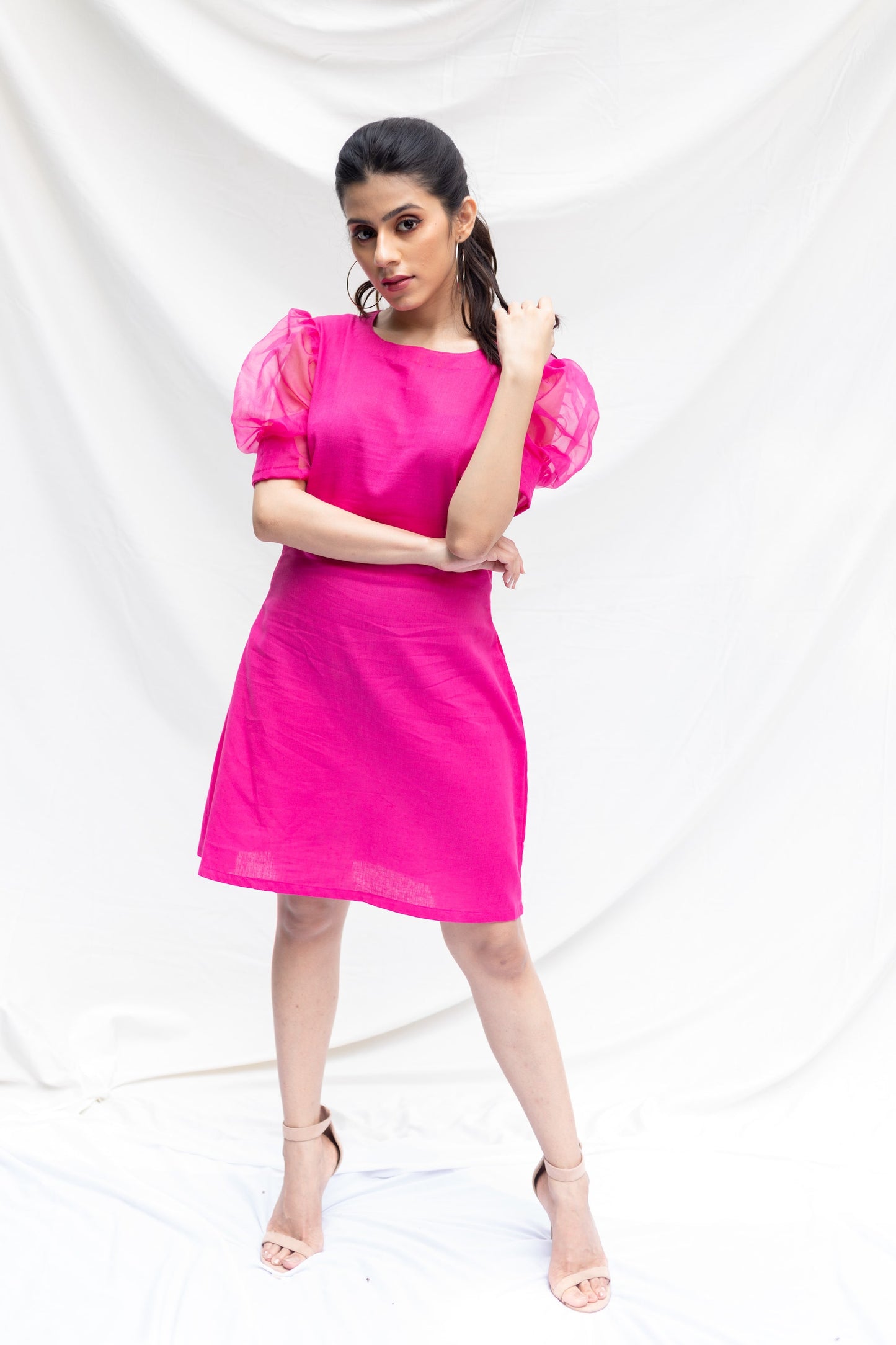 Pink Linen Dress With Organza Sleeves