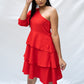 Off Shoulder Three Layered Red Dress With Puff Sleeve