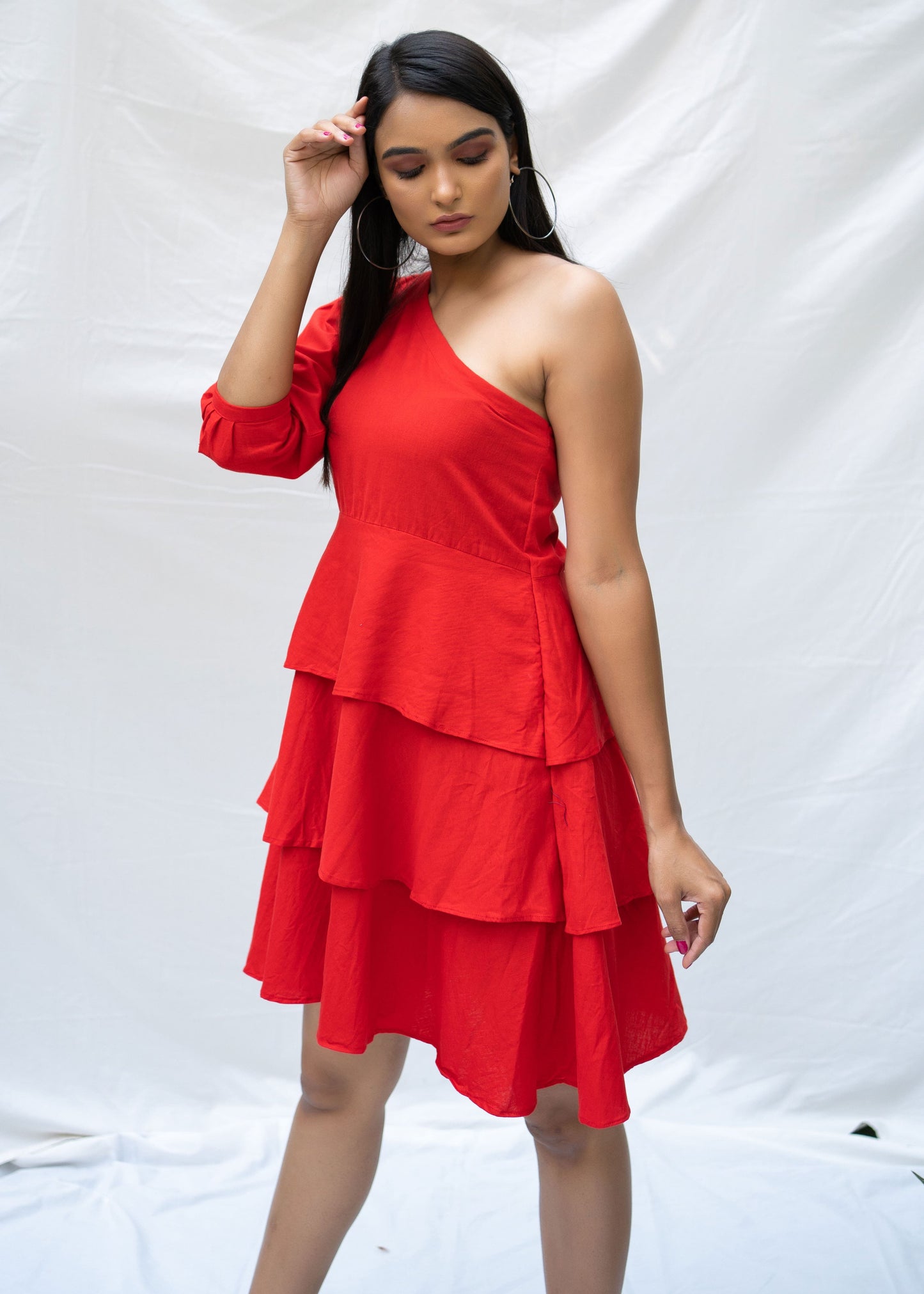 Off Shoulder Three Layered Red Dress With Puff Sleeve