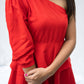 Off Shoulder Three Layered Red Dress With Puff Sleeve