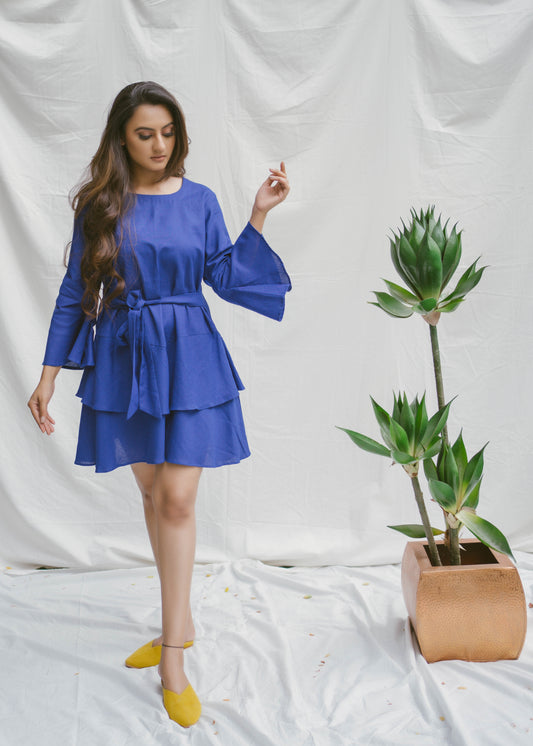 Royal Blue Two Layered Dress With Belt