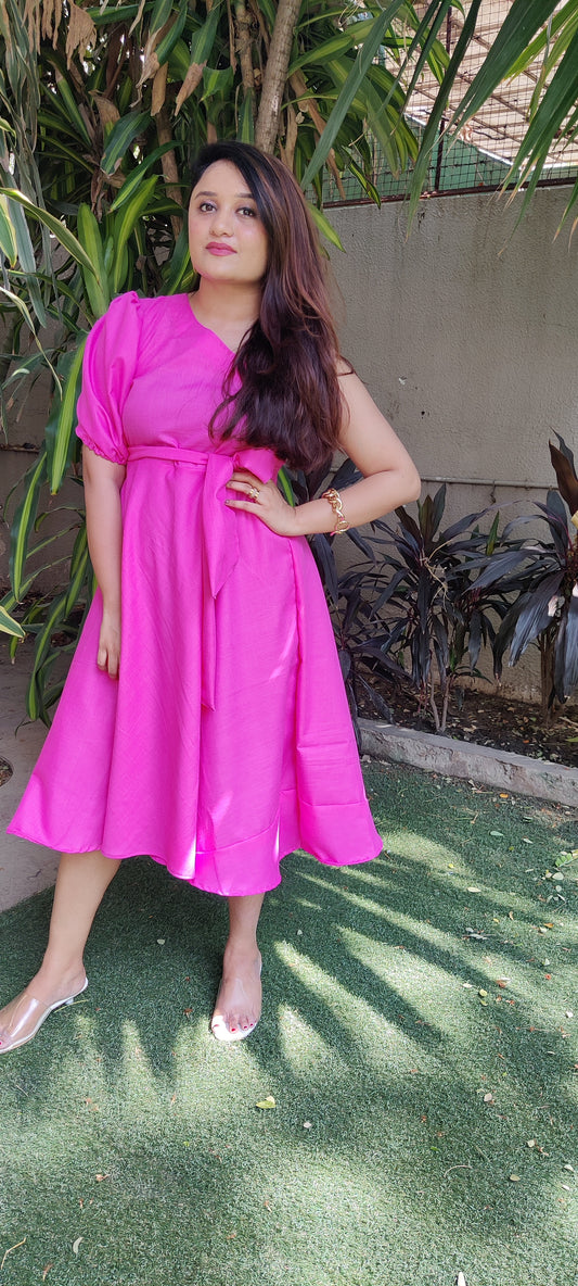 Pink Off Shoulder Dress With Belt 