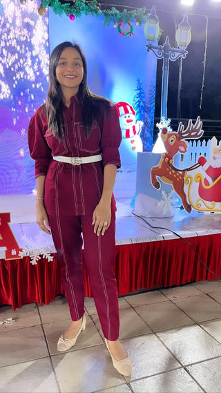 Maroon co-ord set with white thread