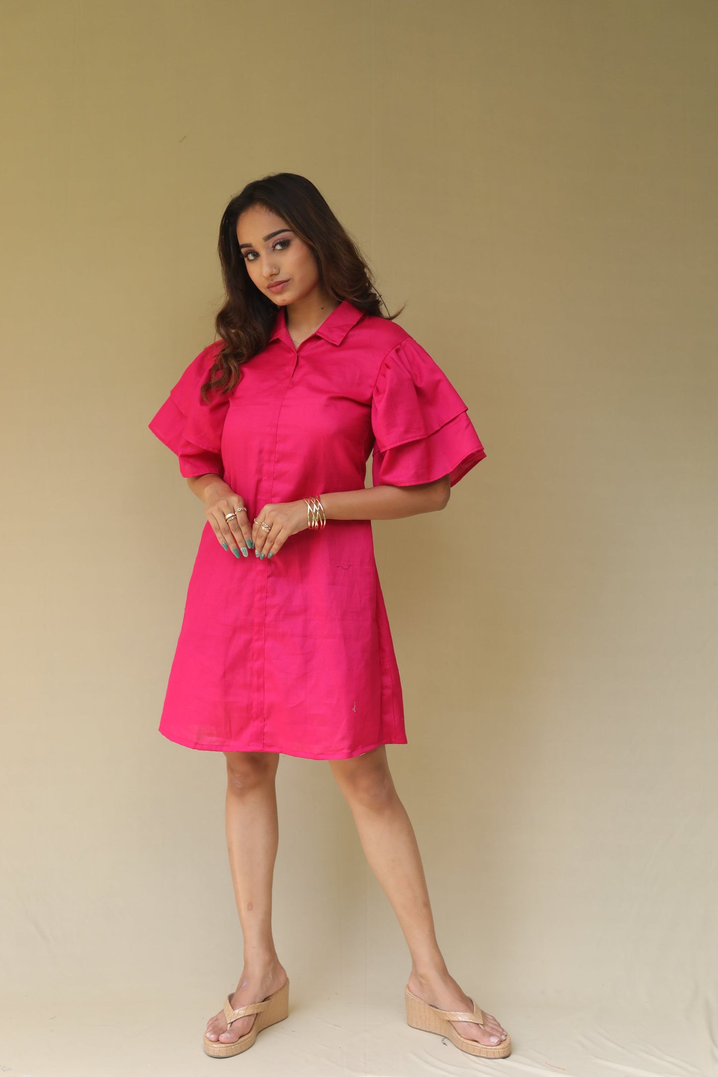 Pink two sleeve shirt dress