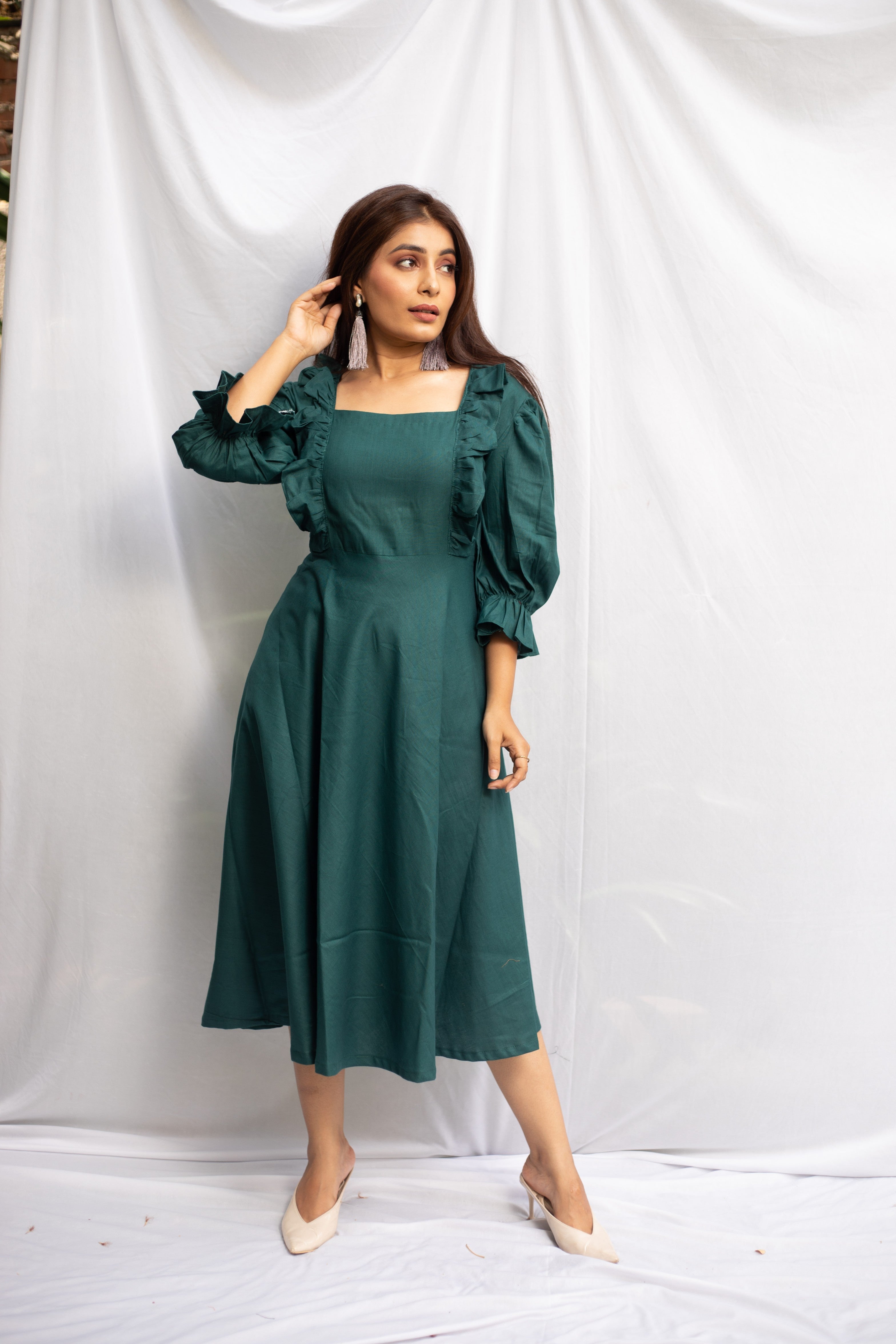 Pine Green front frill dress Panila Fashion Pine Green front frill dress Panila Fashion