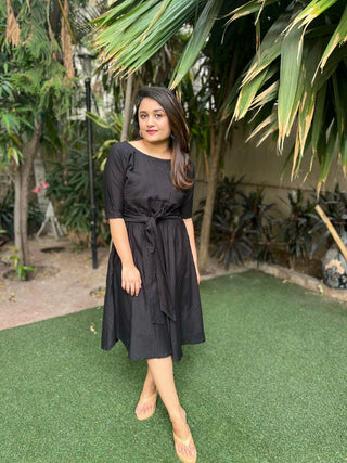 Black short dress with self belt