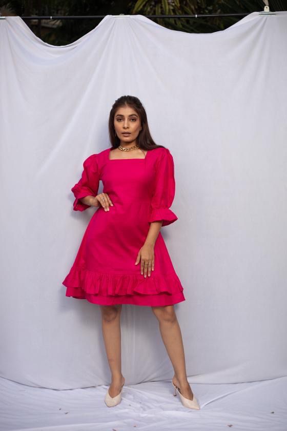 Pink square neck 2 layer dress